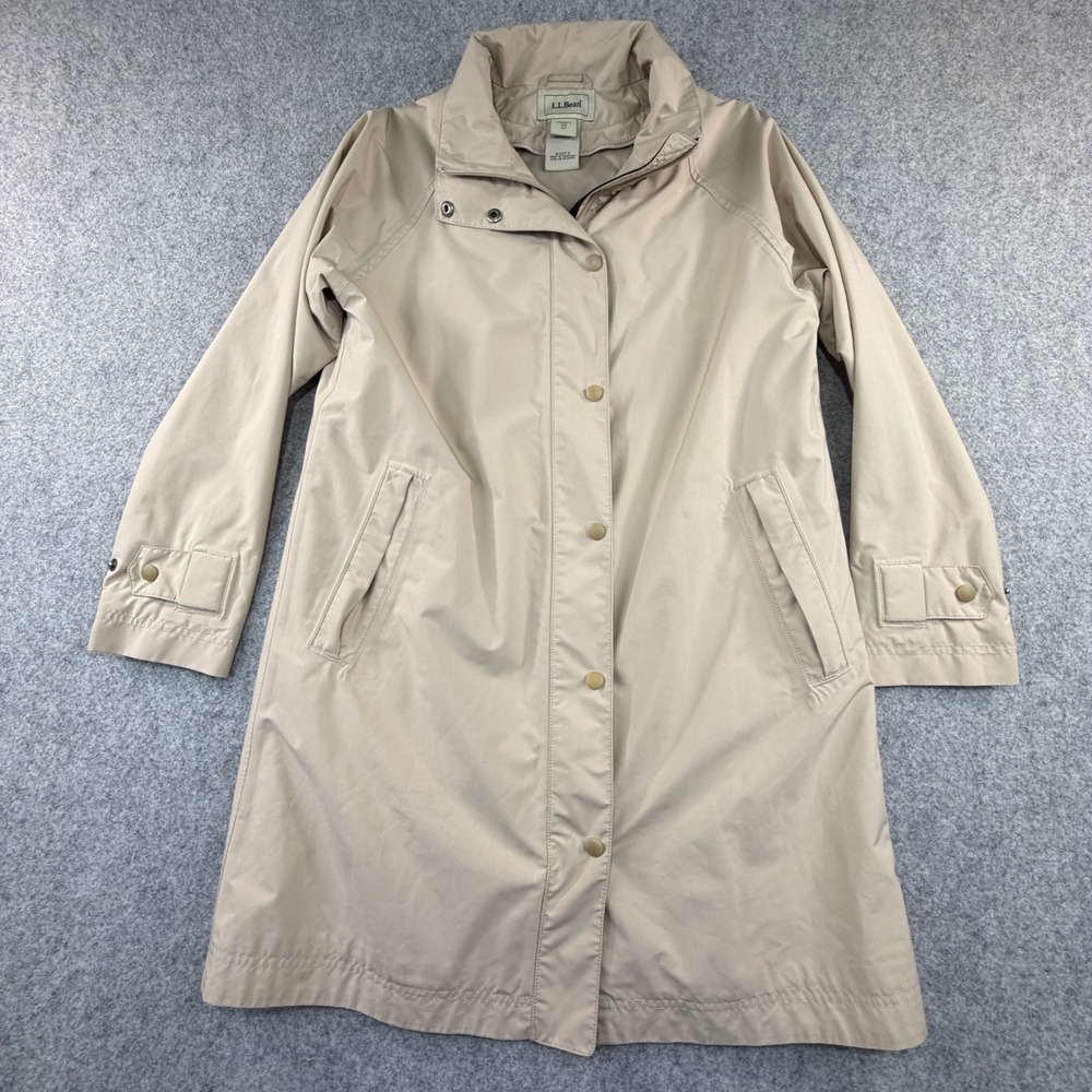 LL Bean Womens Tan Trench Coat Detachable Wool Plaid Liner Beige Long Jacket XS